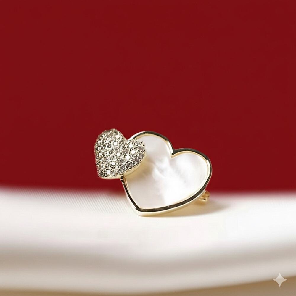 Double Heart Gold Brooch - Enamel and Rhinestone Detail Pin